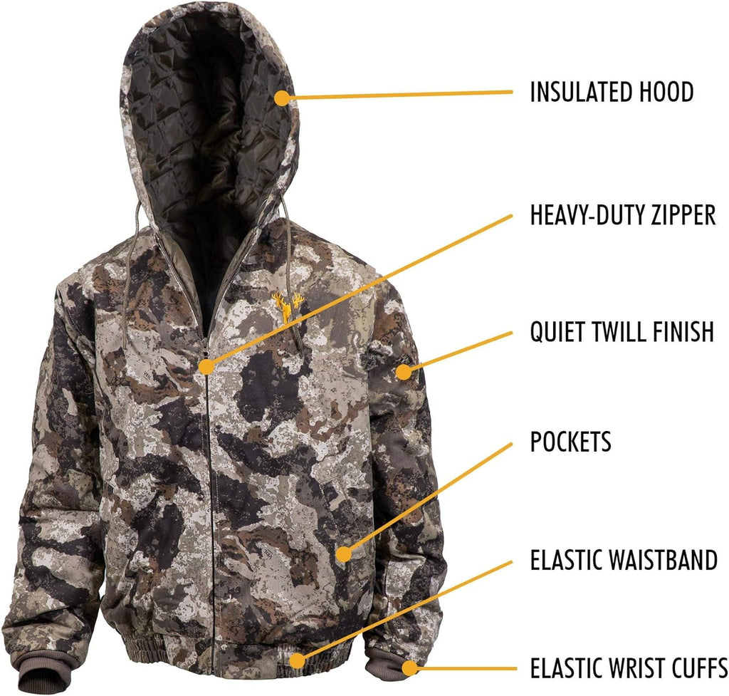 Men's Insulated Twill Camo Hunting Jacket with Cotton Shell for Cold Weather Hunting