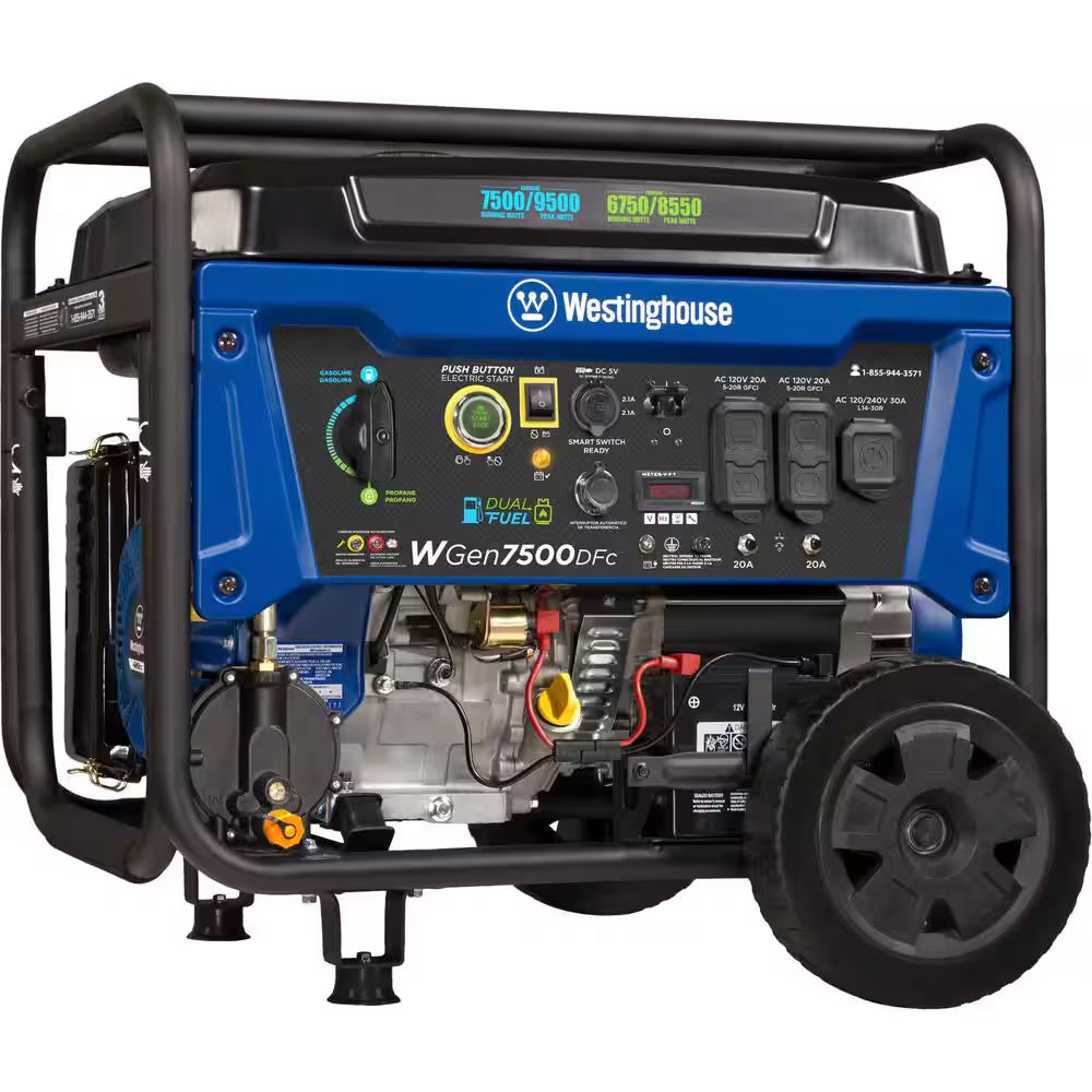 9,500/7,500-Watt Dual Fuel Gas and Propane Powered Portable Generator with Remote Electric Start, 30A 120/240V Outlet