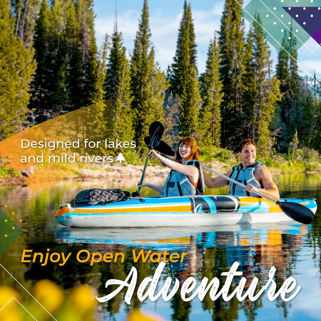 2-Person Inflatable Kayak Bundle with Aluminum Oars, Air Pump, and Bag