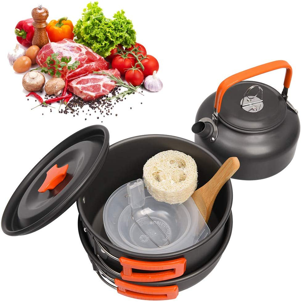 Outdoor Camping Cookware Set with Aluminum Cooking Utensils and Water Kettle - Ideal for Travelling, Hiking, Picnics, BBQs, and Outdoor Dining