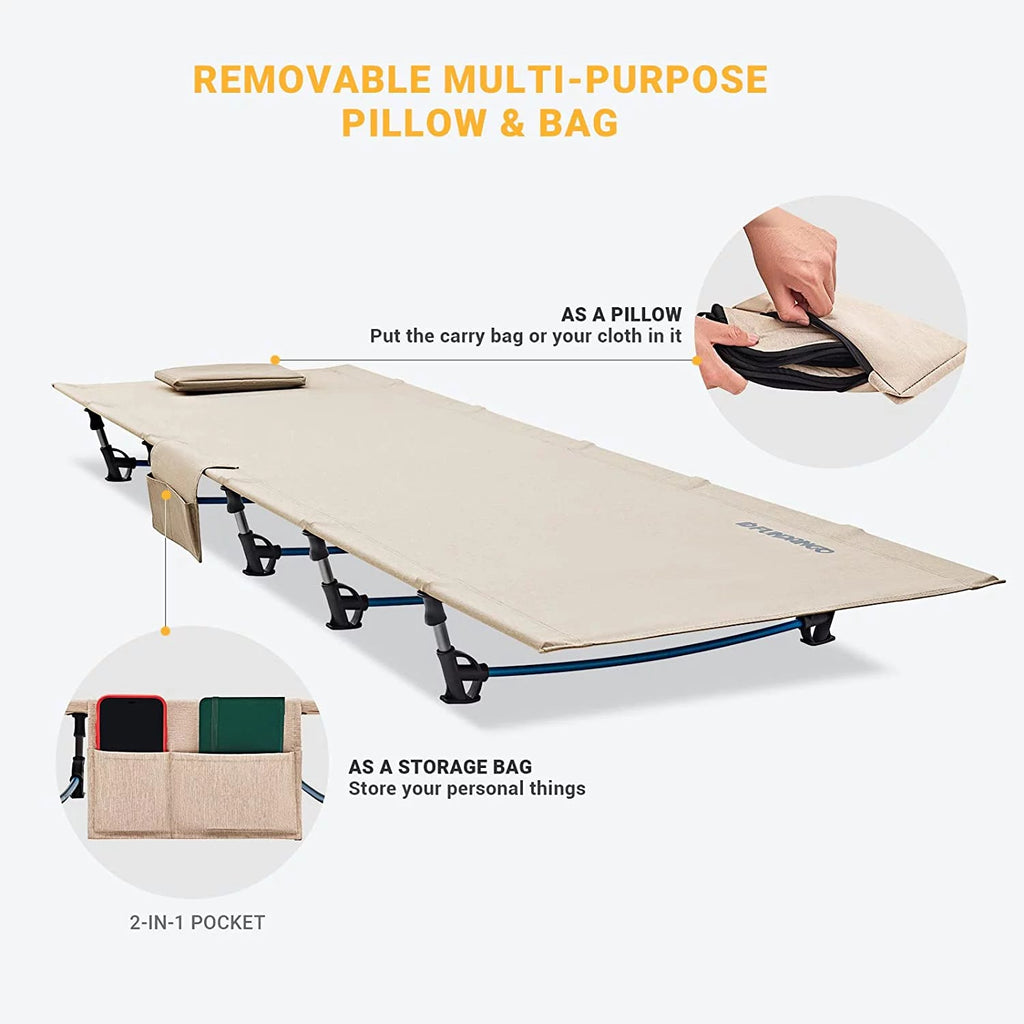 Folding Camping Cot Bed for Adults, Lightweight and Compact, Supports 265 lbs - Beige