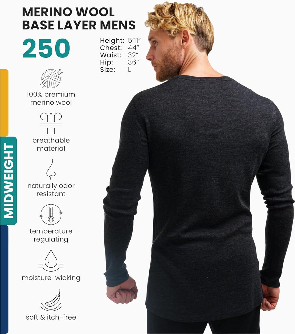 Merino.Tech Merino Wool Base Layer - Mens 100% Merino Wool Long Sleeve Thermal Shirts Heavyweight, Midweight, Lite with Socks