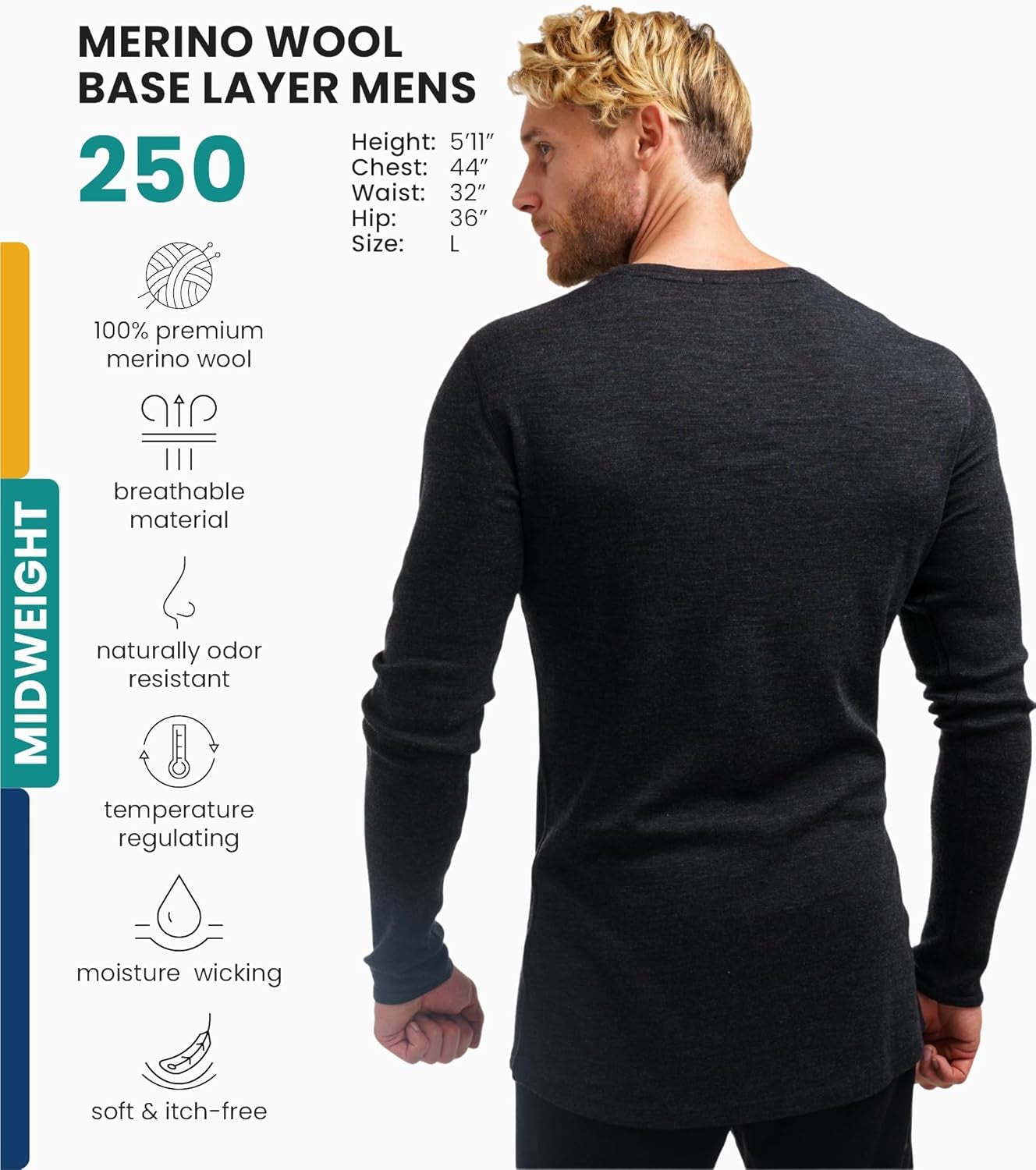 Merino.Tech Merino Wool Base Layer - Mens 100% Merino Wool Long Sleeve Thermal Shirts Heavyweight, Midweight, Lite with Socks
