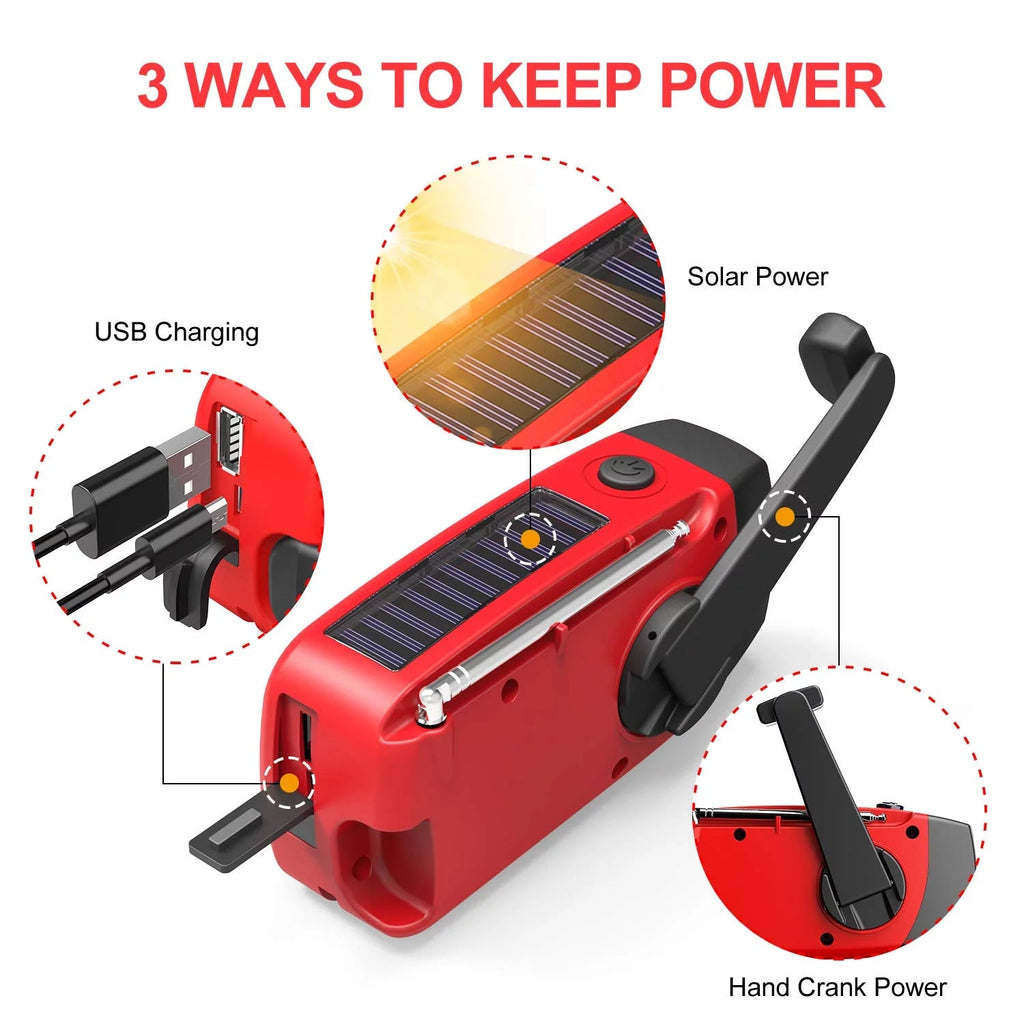 Emergency Weather Radio with Hand Crank, Solar Power, and Phone Charger