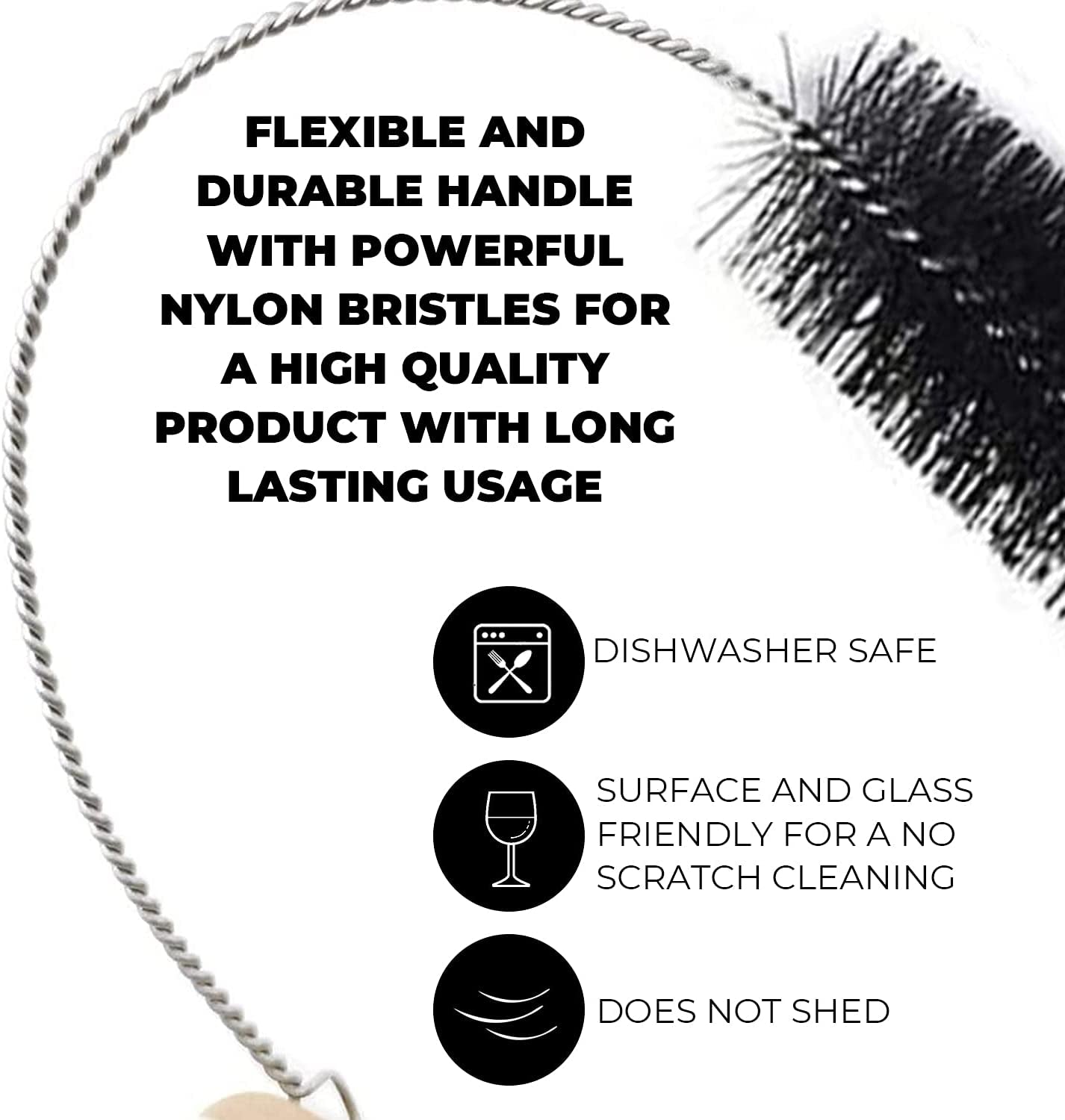 8 Inch Nylon Tube Cleaning Brush Set - Large Sizes (BLACK) - 5 Piece Kit for Bottles, Straws, Pipes, Keyboards, Glass, Guns - Heavy Duty Cleaning Brushes with Flexible Handles