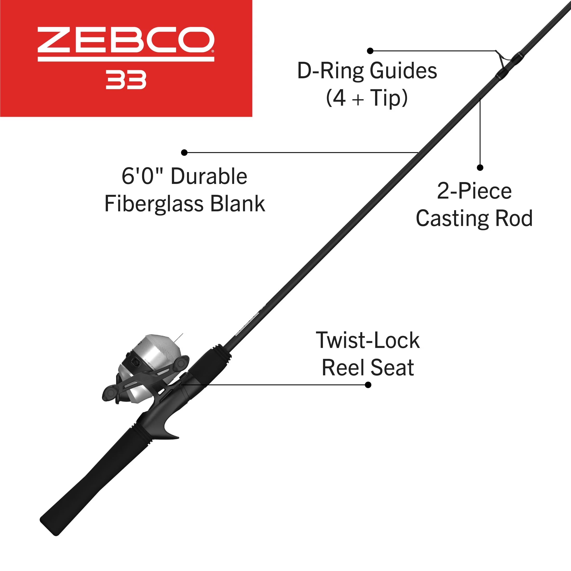 33 Spincast Reel and Fishing Rod Combo, 6-Foot 2-Piece Fiberglass Rod with EVA Handle, Quickset Anti-Reverse Fishing Reel with Bite Alert, Silver/Black