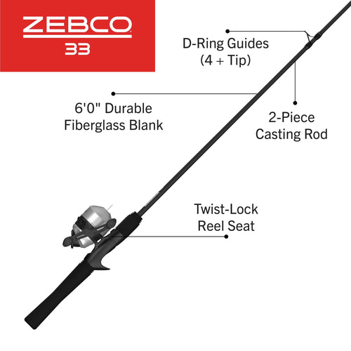 33 Spincast Reel and Fishing Rod Combo, 6-Foot 2-Piece Fiberglass Rod with EVA Handle, Quickset Anti-Reverse Fishing Reel with Bite Alert, Silver/Black
