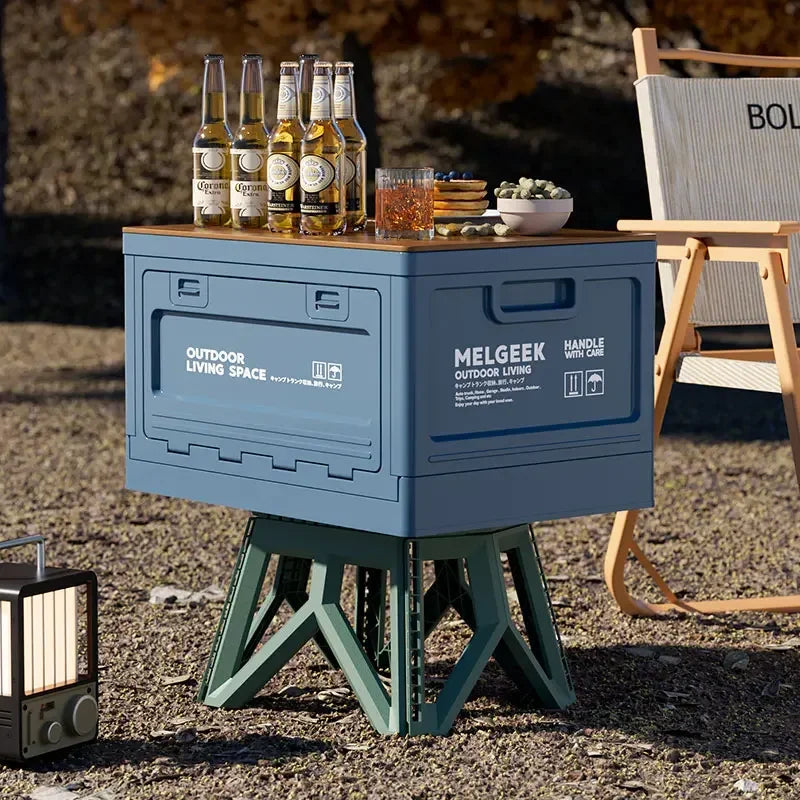 Outdoor Camping Storage Box with Trunk Organizer, Folding Bench, and Chopping Board
