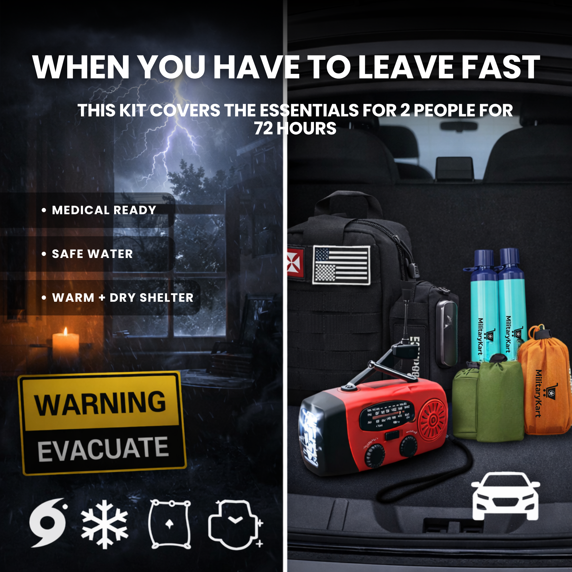 Bug Out Bag Ultimate Kit – 72-Hour Survival Kit for 2 People (IFAK + NOAA Radio + Water Filter + Thermal Shelter)