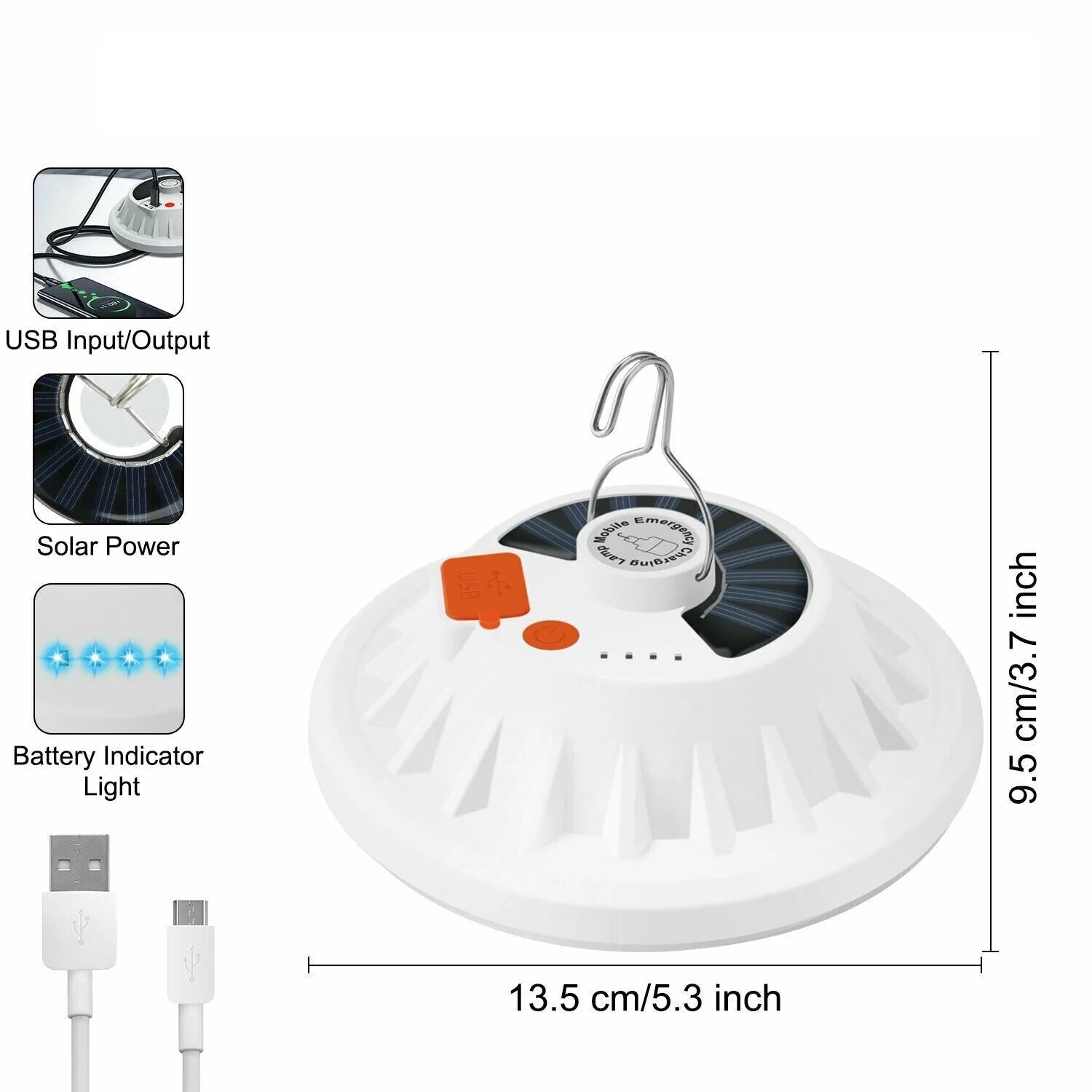 Outdoor Camping Tent Light with 60 LED, Rechargeable USB & Solar Powered - Ideal for Hiking