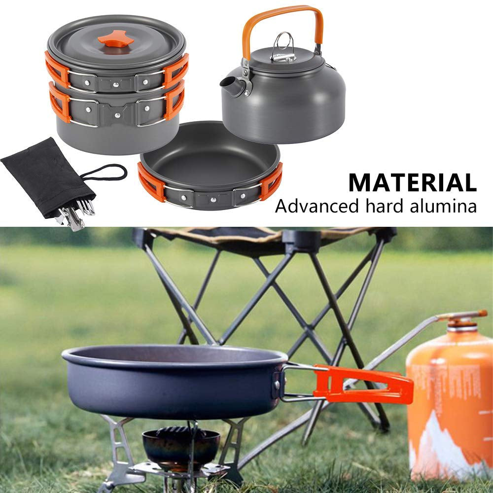 Outdoor Camping Cookware Set with Aluminum Cooking Utensils and Water Kettle - Ideal for Travelling, Hiking, Picnics, BBQs, and Outdoor Dining