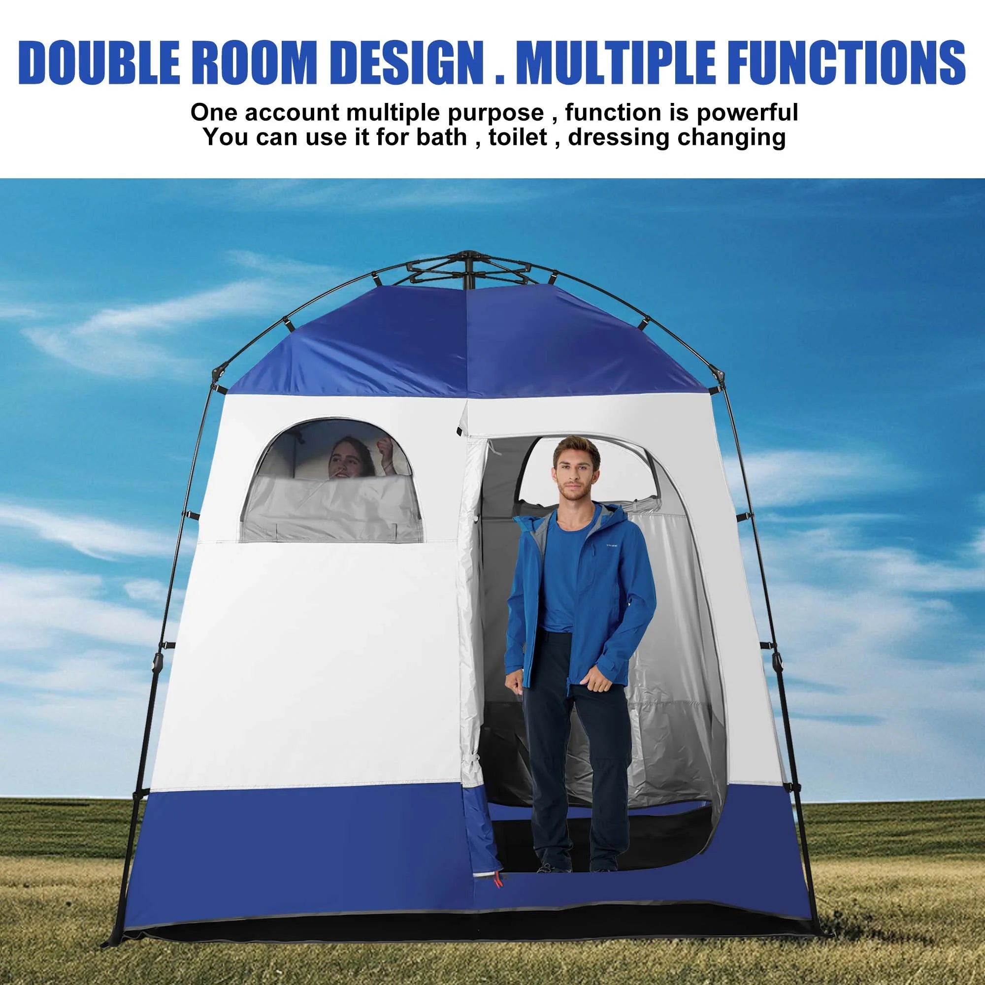 Outdoor Camping Shower Tent with Oversized Space and Privacy, Portable Changing Room with Floor, Easy Setup Privacy Shelter for Camping - 2 Rooms Toilet Tent