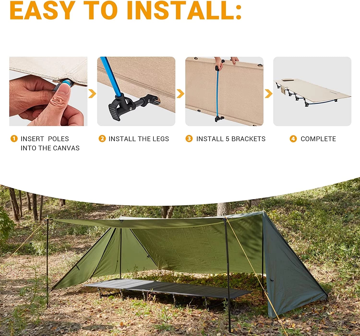 Folding Camping Cot Bed for Adults, Lightweight and Compact, Supports 265 lbs - Beige