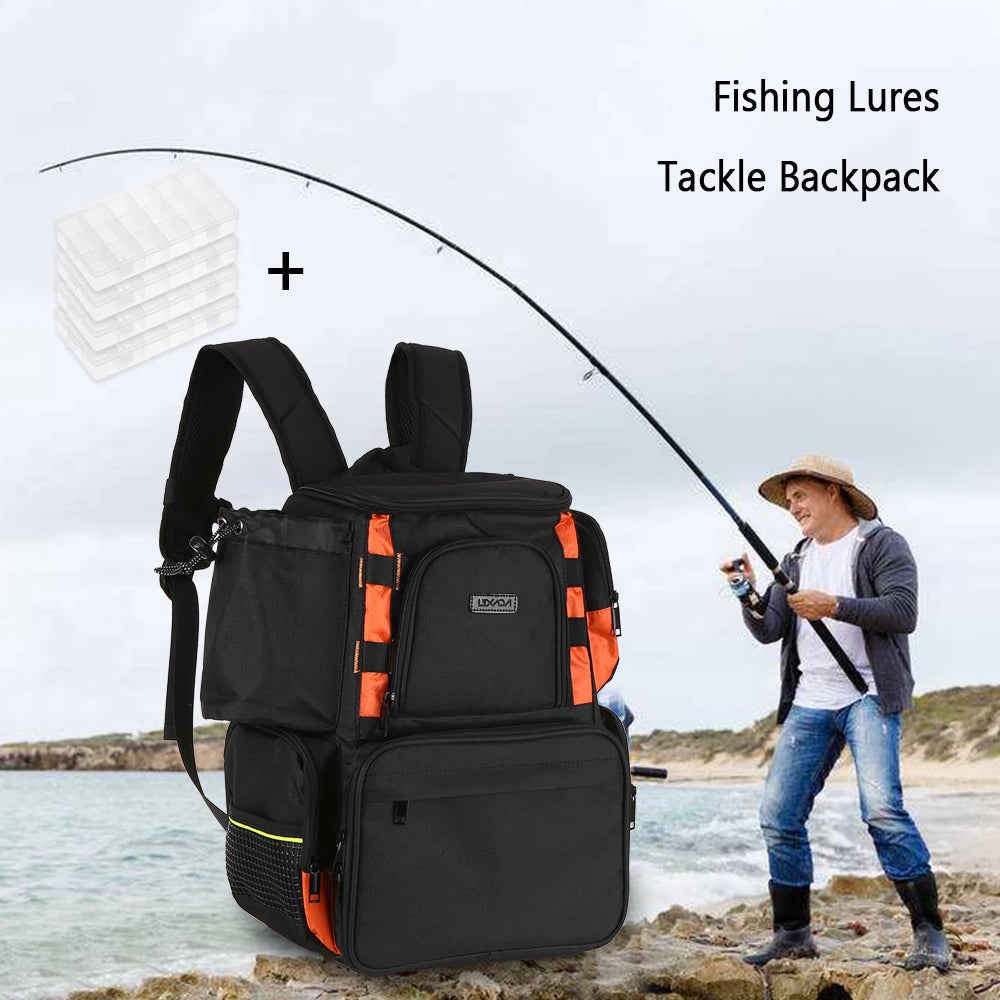 Lixada Waterproof Fishing Backpack with Adjustable Straps and Tackle Storage Bag + Tackle Boxes