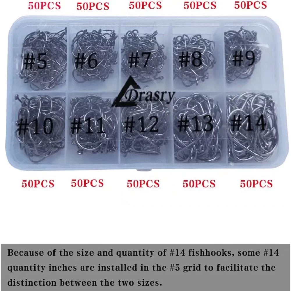 500Pcs High Carbon Steel Fishing Hooks Set with Sharp Jig Bait, Sizes #5 to #14