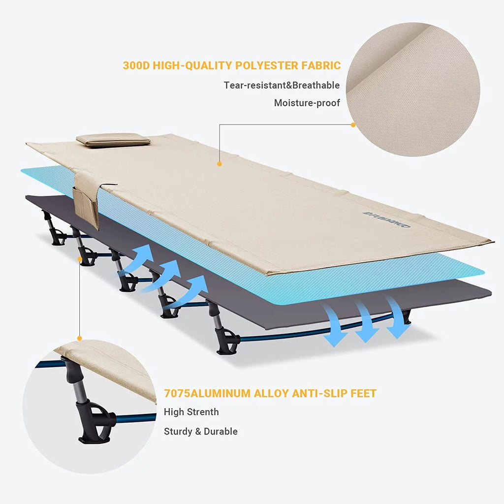 Folding Camping Cot Bed for Adults, Lightweight and Compact, Supports 265 lbs - Beige