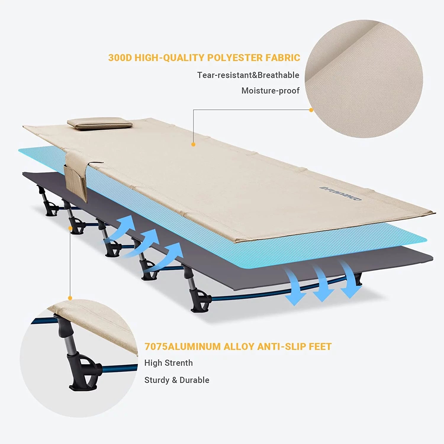 Folding Camping Cot Bed for Adults, Lightweight and Compact, Supports 265 lbs - Beige
