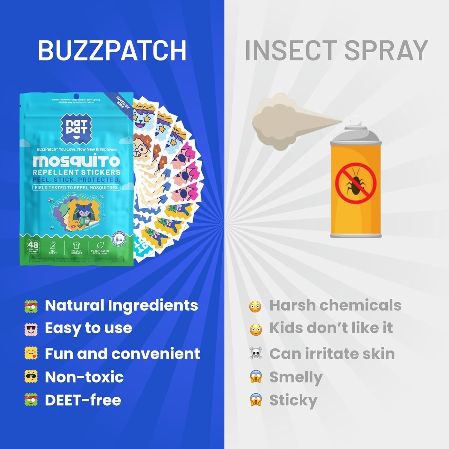 NATPAT Buzz Patch Mosquito Patch Stickers for Kids - Plant Based Ingredients, Non-Toxic - the Original All Natural Citronella Essential Oil Insect Patch, DEET Free, for Toddlers, Kids (48 Pack)