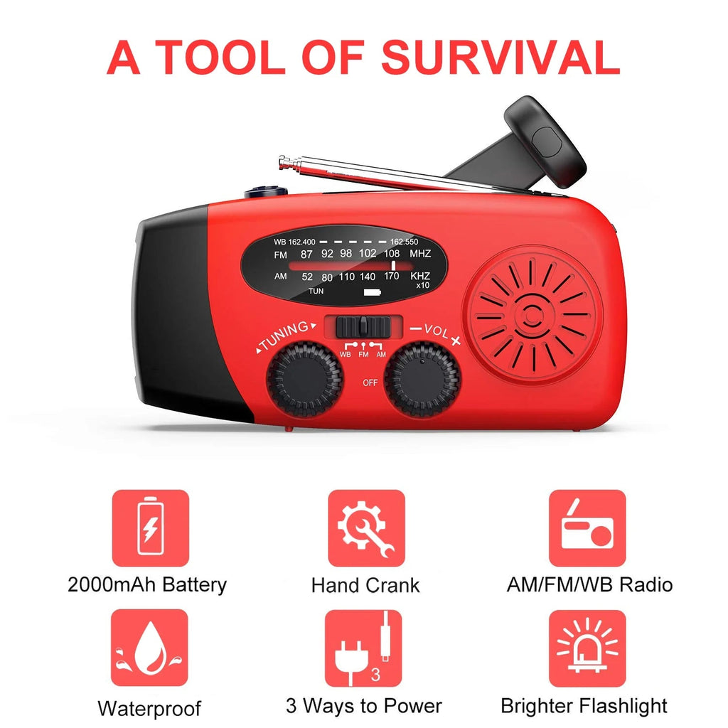 Emergency Weather Radio with Hand Crank, Solar Power, and Phone Charger