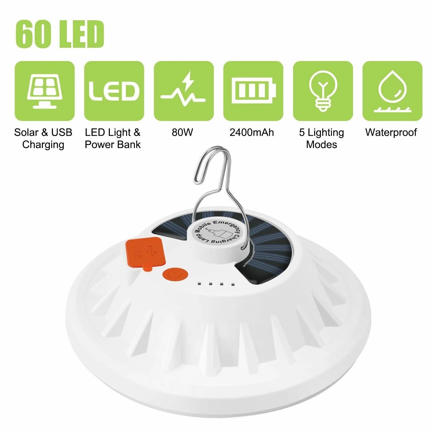 Outdoor Camping Tent Light with 60 LED, Rechargeable USB & Solar Powered - Ideal for Hiking