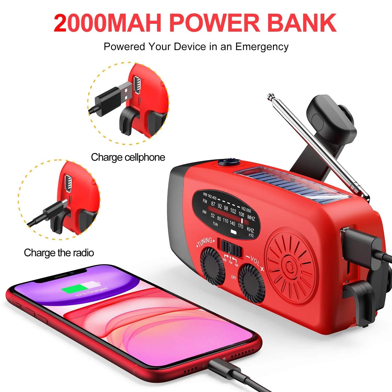 Emergency Weather Radio with Hand Crank, Solar Power, and Phone Charger
