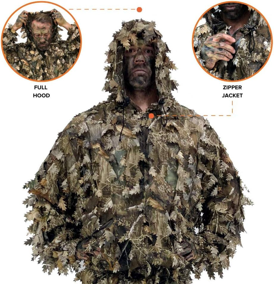 3D Leafy Ghillie Suit with Over 1,000 Laser-Cut Leaves - Lightweight and Breathable Camouflage for Hunting, Paintball, and Airsoft