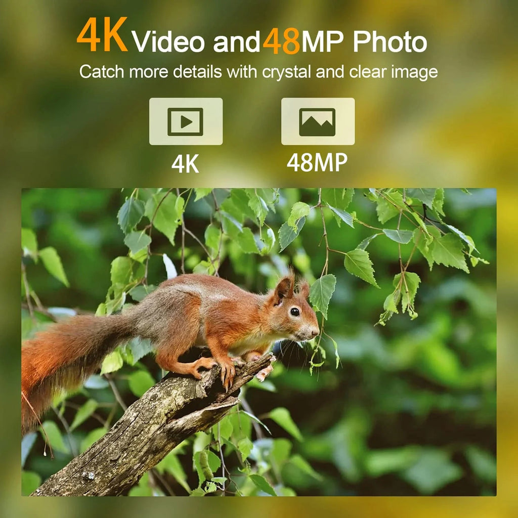 48MP 4K Solar Trail Camera with Night Vision, Motion Activation, and Waterproof Design for Hunting Game