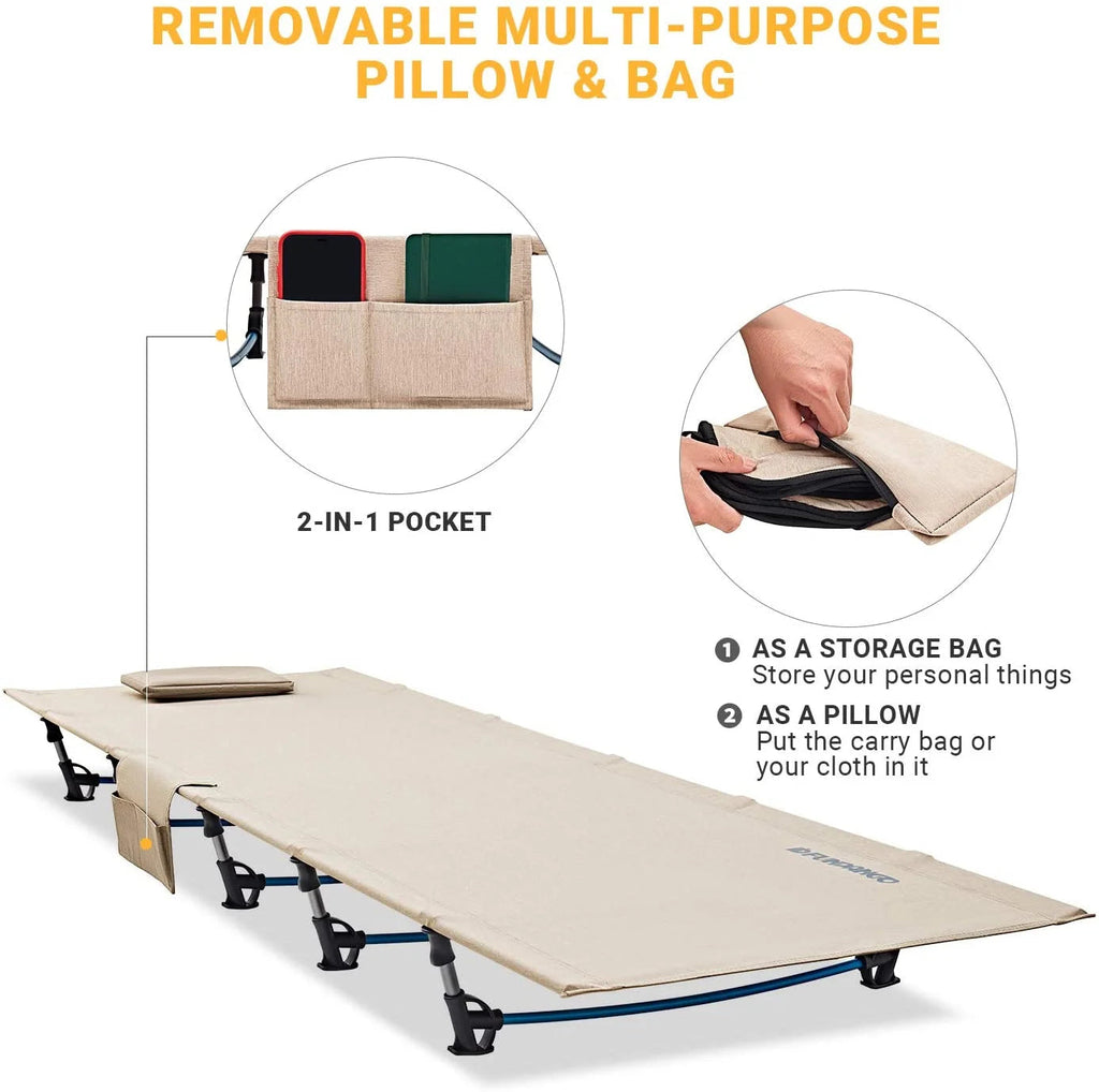 Folding Camping Cot Bed for Adults, Lightweight and Compact, Supports 265 lbs - Beige
