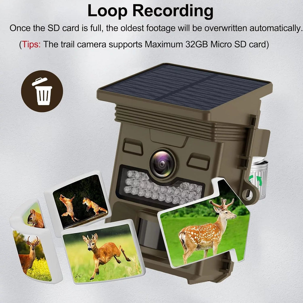 48MP 4K Solar Trail Camera with Night Vision, Motion Activation, and Waterproof Design for Hunting Game