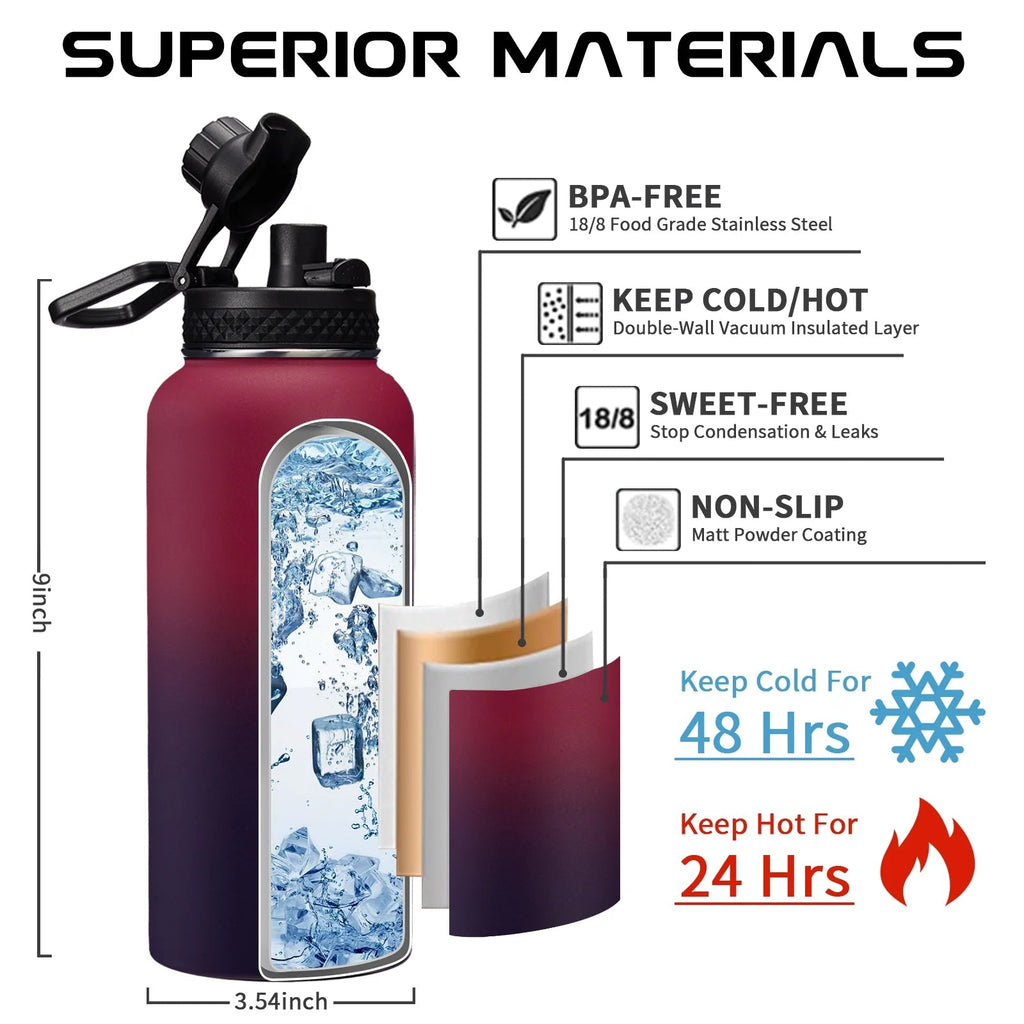 32oz Stainless Steel Insulated Water Bottle with Straw and Shoulder Carrier Bag