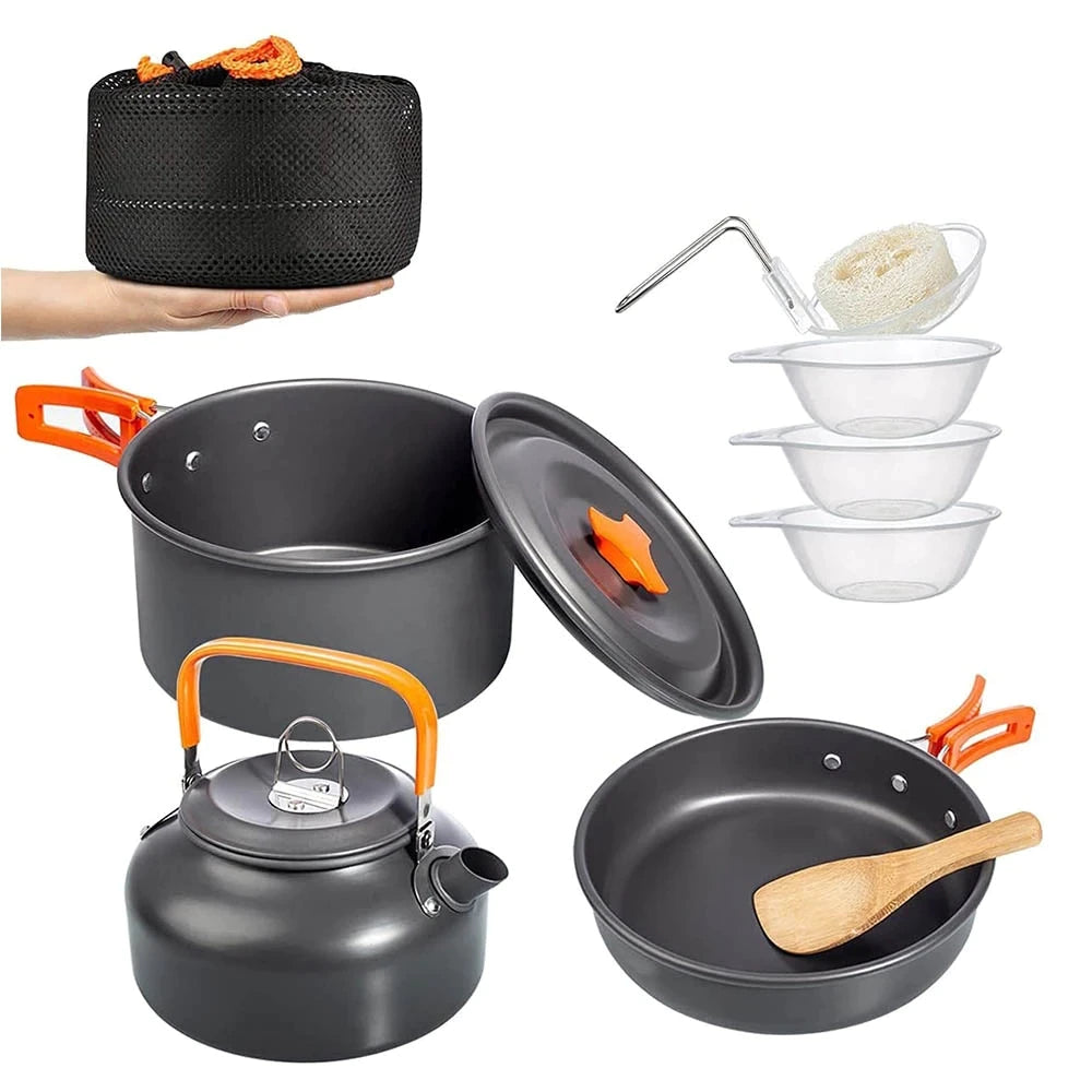 Outdoor Camping Cookware Set with Aluminum Cooking Utensils and Water Kettle - Ideal for Travelling, Hiking, Picnics, BBQs, and Outdoor Dining