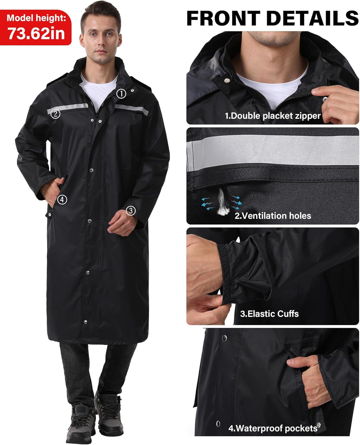 Icreek Raincoat Waterproof Long Rain Jacket Lightweight Rainwear Reflective with Packable Hood for Men Women Adults