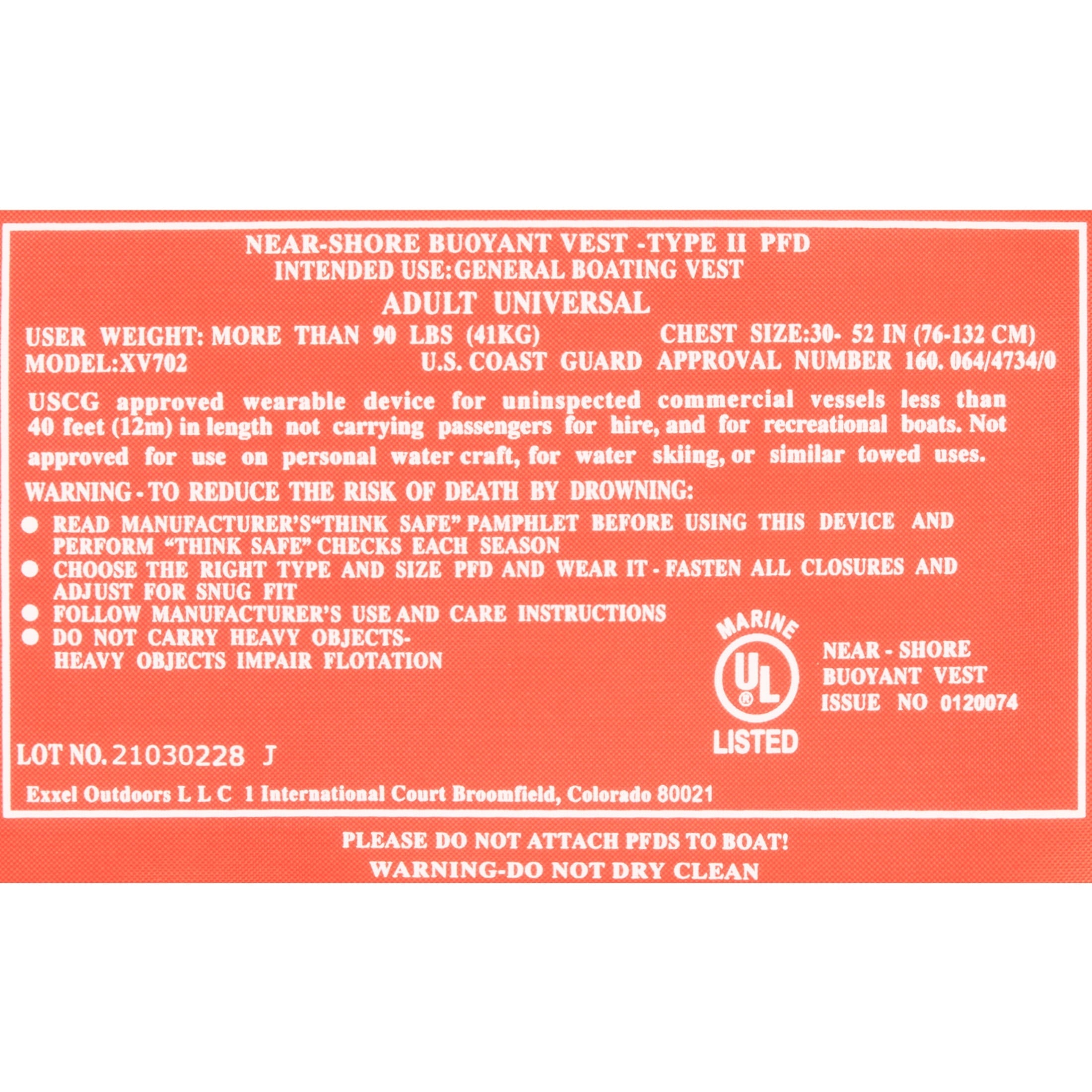Adult Orange U.S. Coast Guard Approved Type II Life Jacket