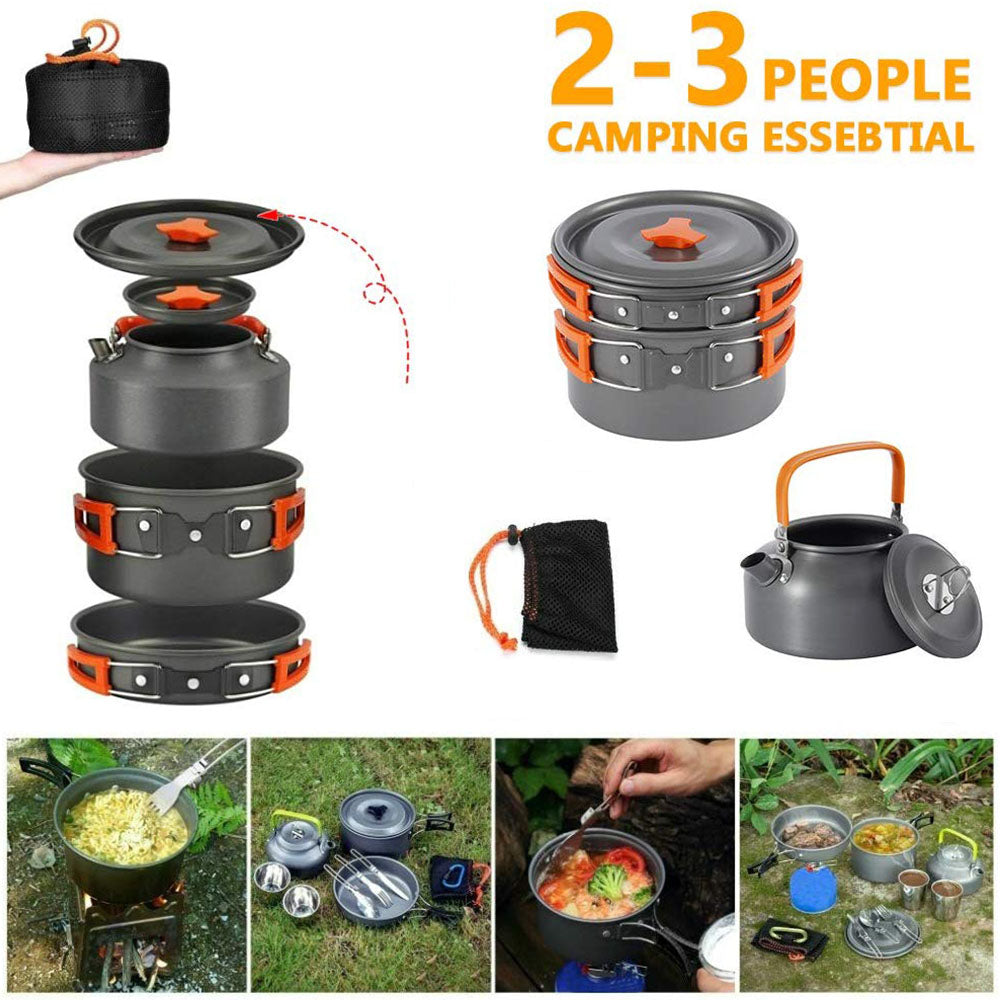 Outdoor Camping Cookware Set with Aluminum Cooking Utensils and Water Kettle - Ideal for Travelling, Hiking, Picnics, BBQs, and Outdoor Dining