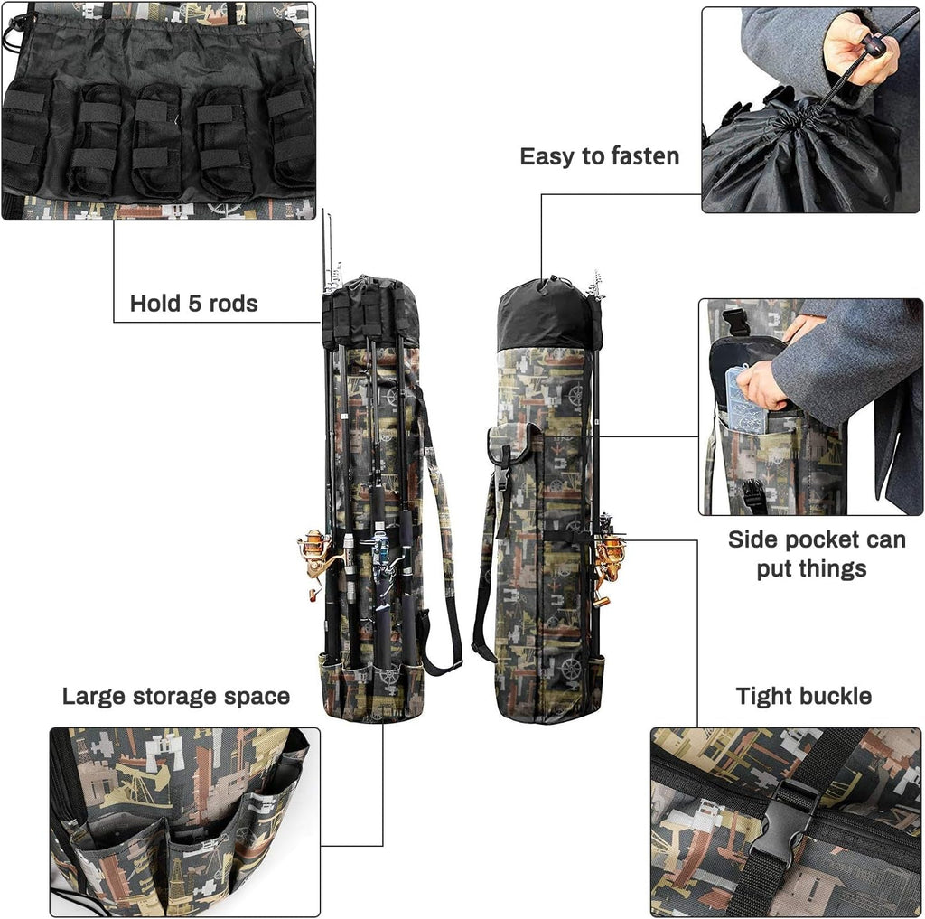 Canvas Fishing Rod and Reel Organizer Travel Carry Case - Holds 5 Poles and Tackle