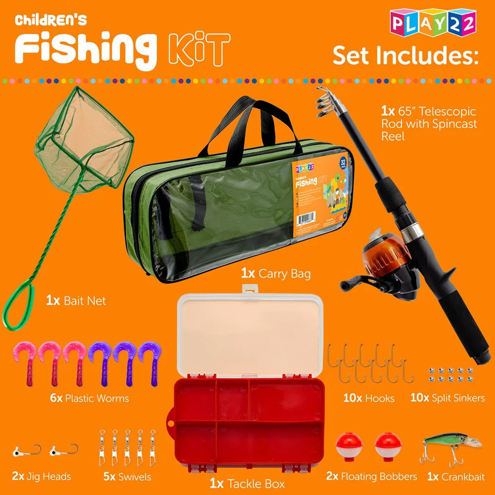 Junior Fishing Rod Combo Set - Complete Fishing Equipment for Kids with Tackle, Lures, Net, and Carry Bag