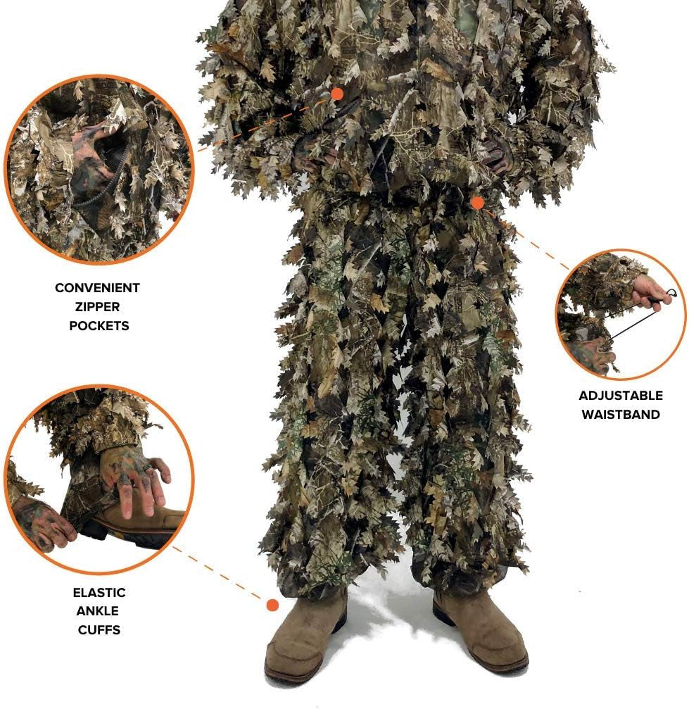 3D Leafy Ghillie Suit with Over 1,000 Laser-Cut Leaves - Lightweight and Breathable Camouflage for Hunting, Paintball, and Airsoft