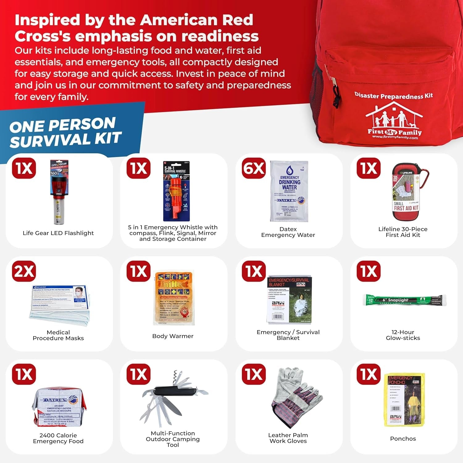 All-In-One Premium Disaster Preparedness Survival Kit with 72 Hours of Survival and First-Aid Supplies by First My Family