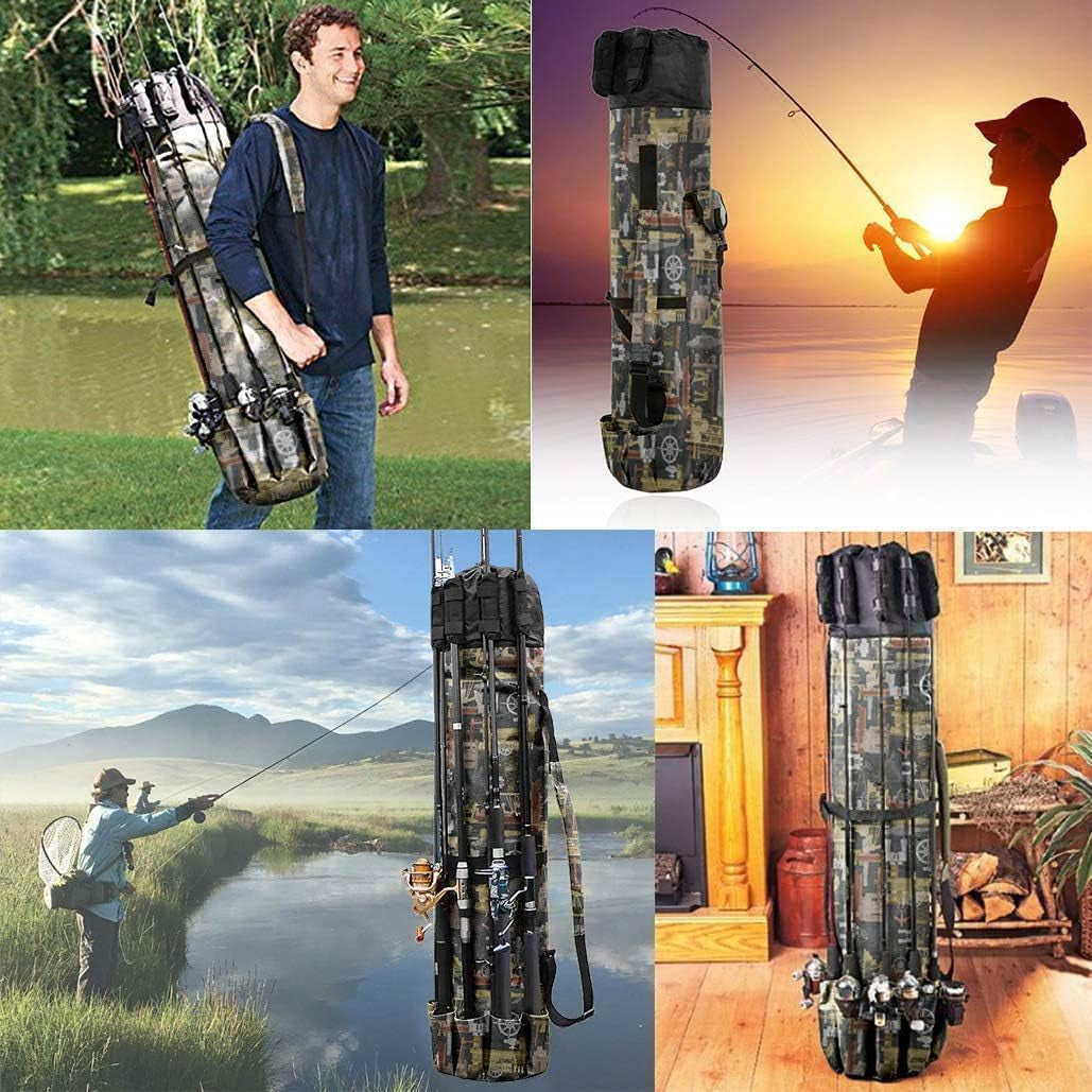 Canvas Fishing Rod and Reel Organizer Travel Carry Case - Holds 5 Poles and Tackle