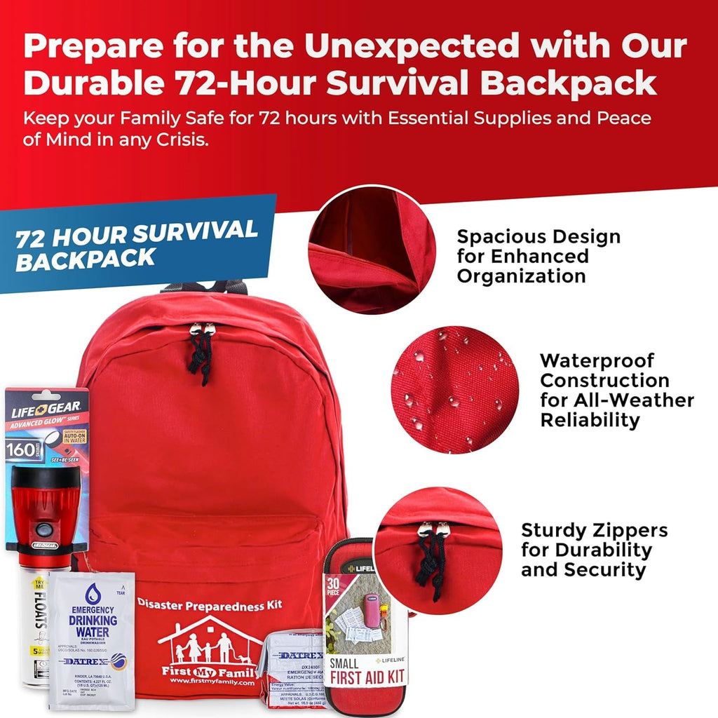 All-In-One Premium Disaster Preparedness Survival Kit with 72 Hours of Survival and First-Aid Supplies by First My Family
