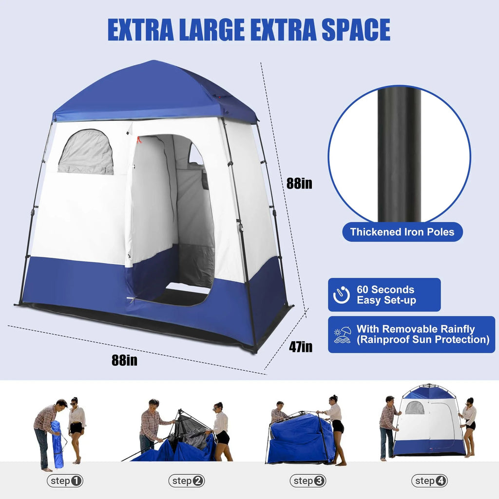 Outdoor Camping Shower Tent with Oversized Space and Privacy, Portable Changing Room with Floor, Easy Setup Privacy Shelter for Camping - 2 Rooms Toilet Tent