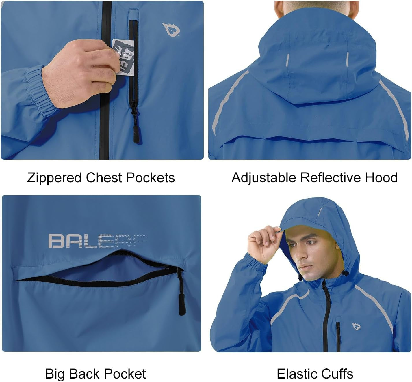 Baleaf Men'S Rain Jacket Waterproof Windbreaker Raincoat Running Cycling Hiking Gear Hood Lightweight Reflective Packable