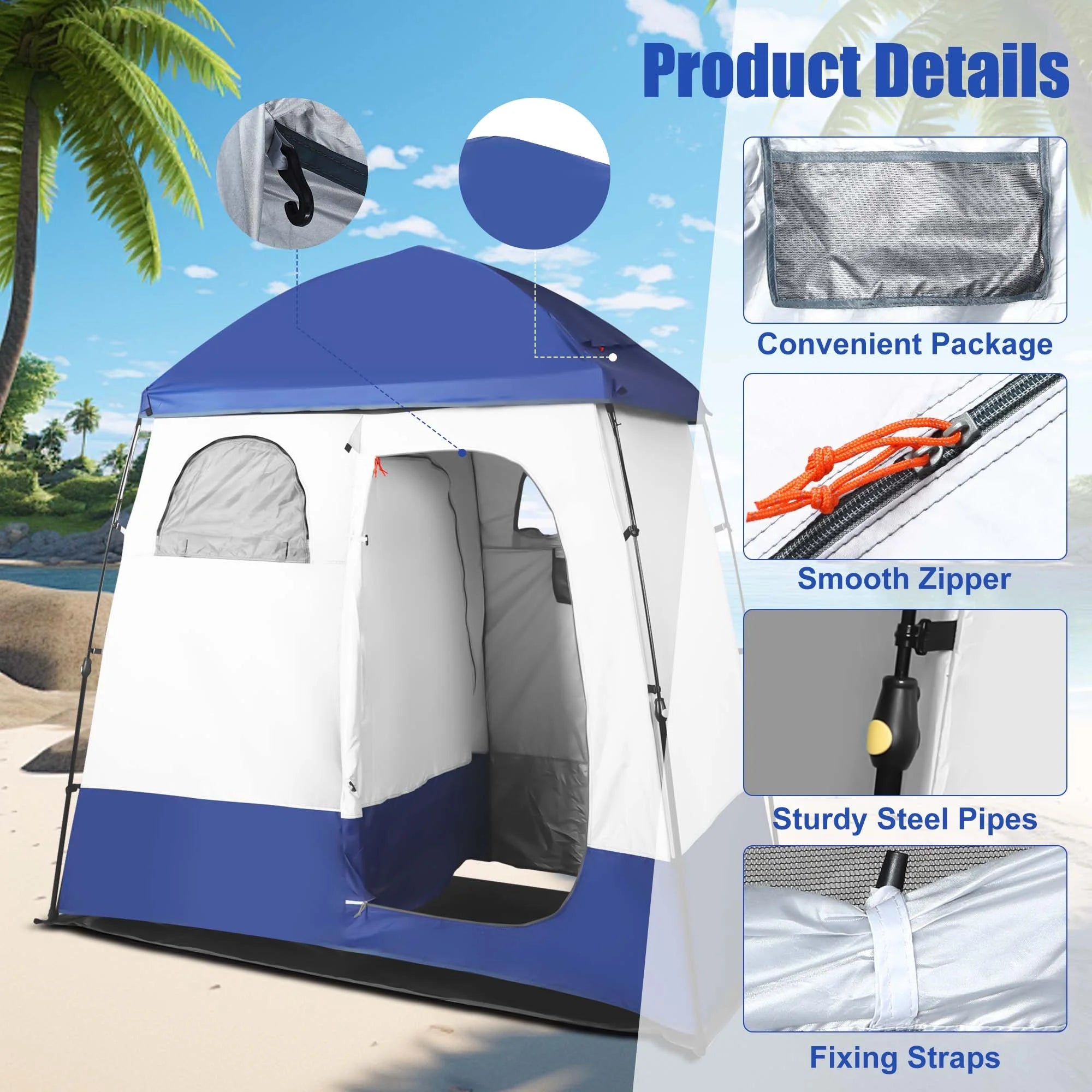 Outdoor Camping Shower Tent with Oversized Space and Privacy, Portable Changing Room with Floor, Easy Setup Privacy Shelter for Camping - 2 Rooms Toilet Tent