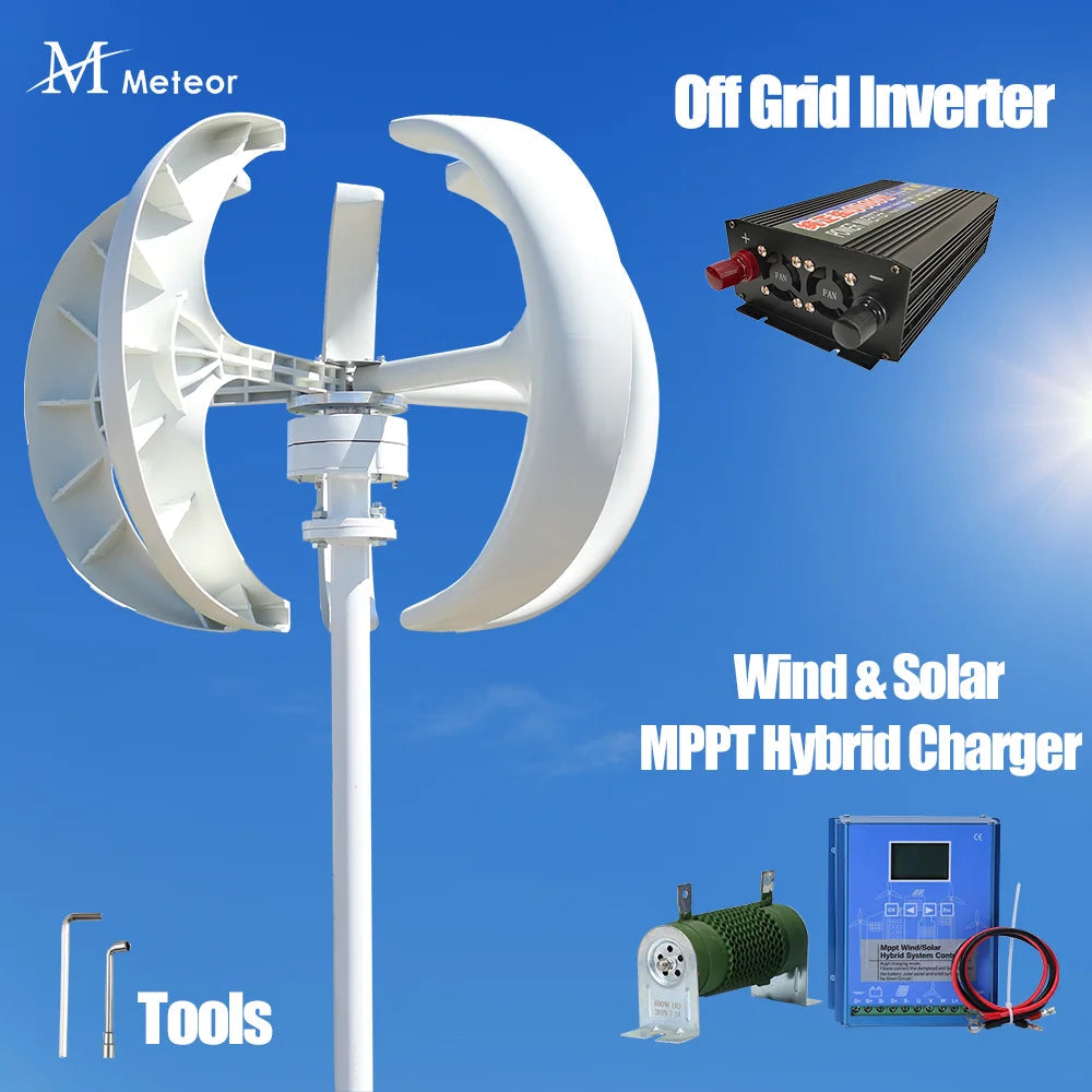 5000W Vertical Axis Wind Turbine Generator Low Noise Low Start Wind Speed 12V 24V 48V Windmill off Grid System with MPPT Charger