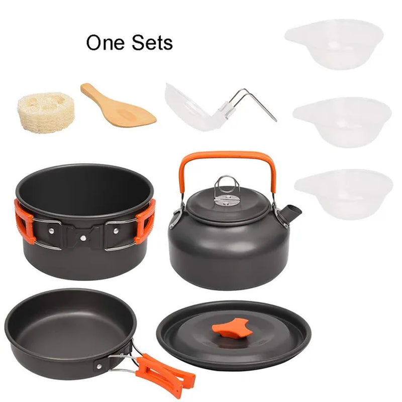 Outdoor Camping Cookware Set with Aluminum Cooking Utensils and Water Kettle - Ideal for Travelling, Hiking, Picnics, BBQs, and Outdoor Dining
