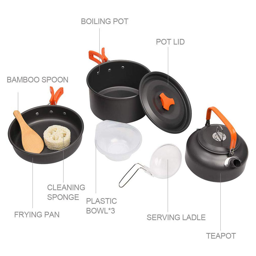 Outdoor Camping Cookware Set with Aluminum Cooking Utensils and Water Kettle - Ideal for Travelling, Hiking, Picnics, BBQs, and Outdoor Dining