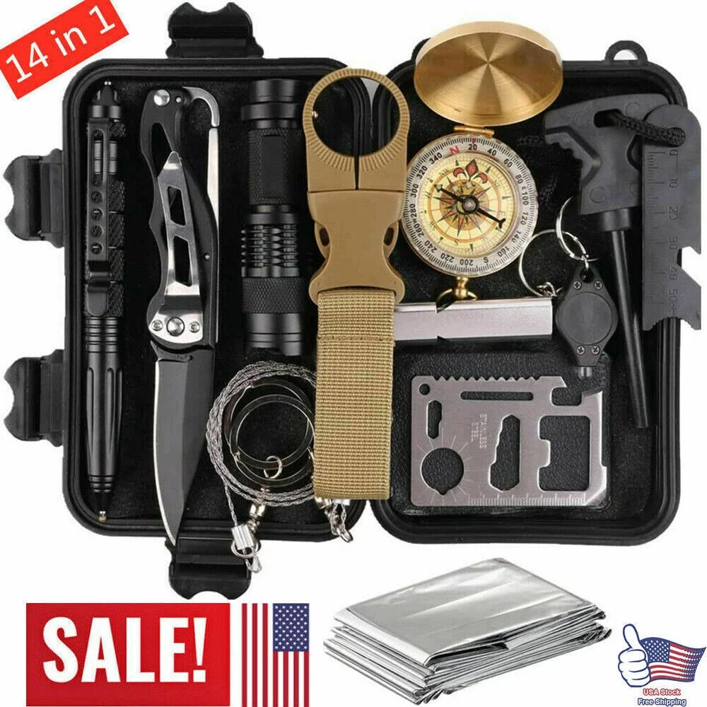 Outdoor Survival Gear Kit- 14-in-1 Emergency Gear for Hiking, Camping- Ideal Gifts for Men and Women