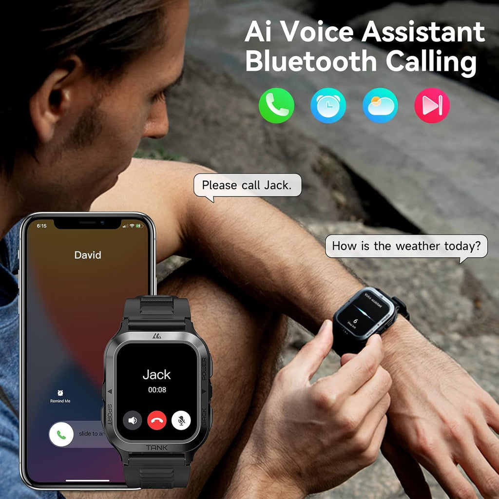 AMAZTIM Smart Watch, 60 Days Extra-Long Battery, 50M Waterproof, Rugged Military Bluetooth Call(Answer/Dial Calls), 1.85" Ultra Large HD Display, AI Voice Assistant, Compatible for Android and Ios