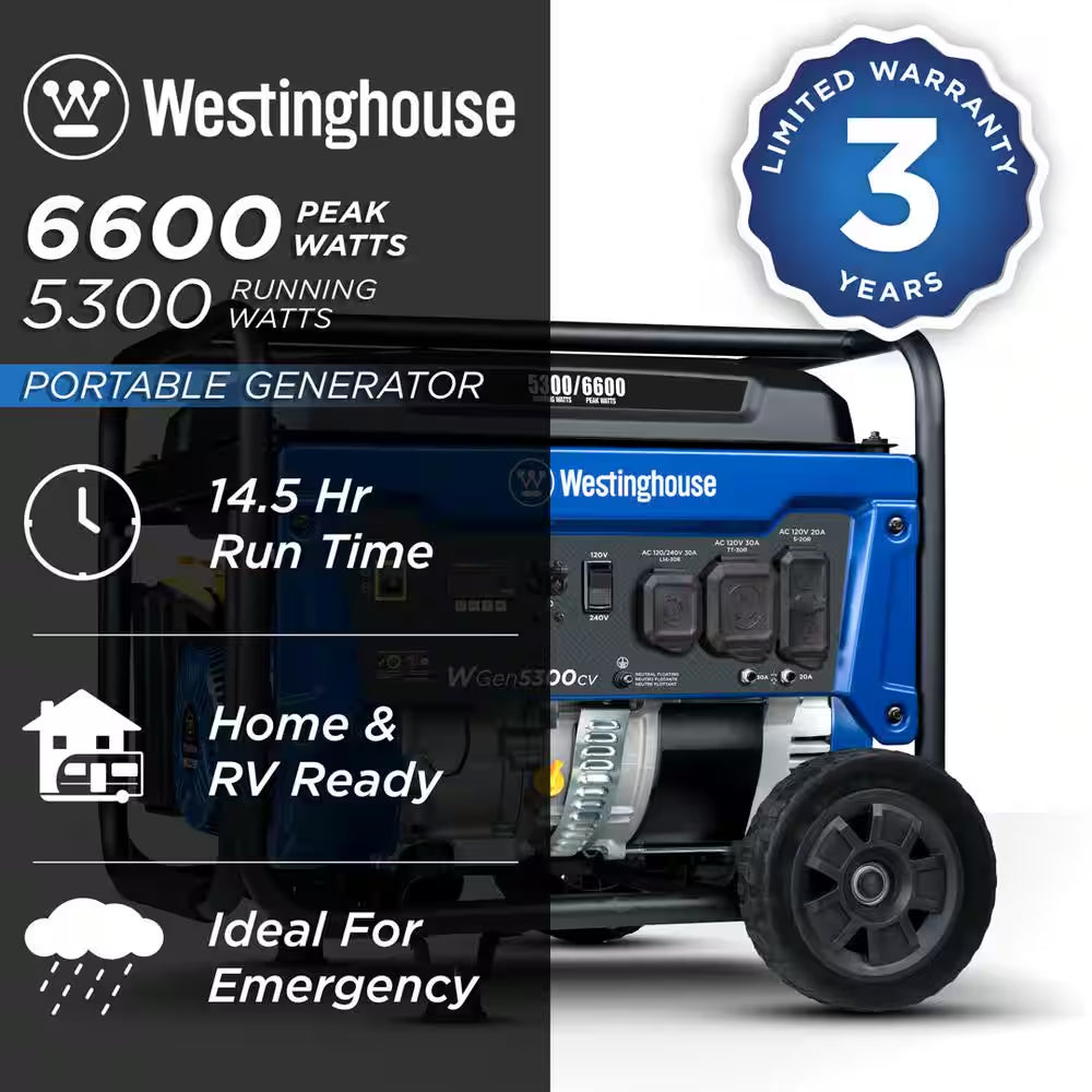 6,600/5,300-Watt Gas Powered Portable Generator with Recoil Start, 30A 120/240V Outlet