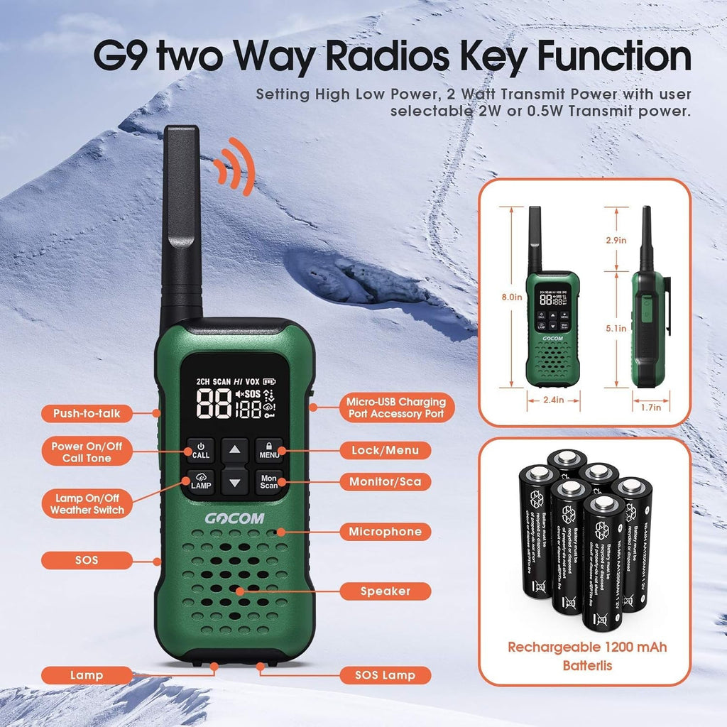 G9 IP67 Waterproof Two Way Radios with NOAA Weather Alert, SOS Emergency Lamp, Long Range, and Rechargeable Batteries - 6 Pack